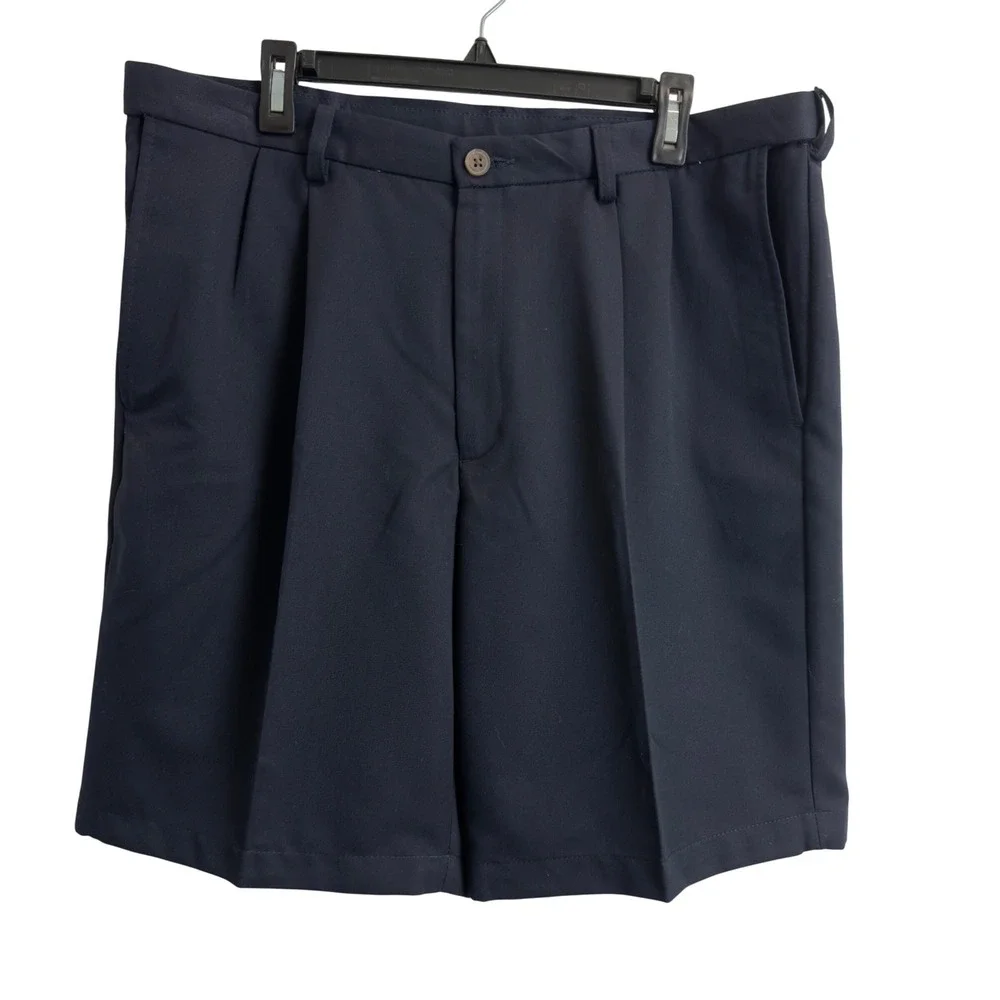 Haggar Mens Pleated Dress Shorts Navy Blue Expandable Waist Size 38 9.5